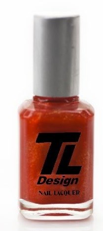En liten flaska med orange nagellack, grått lock och svart logo som säger 'TL Design.'