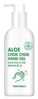 Hvid flaske med grøn tekst, mærket Aloe Chok Chok Hand Gel, med håndikon og kryds.