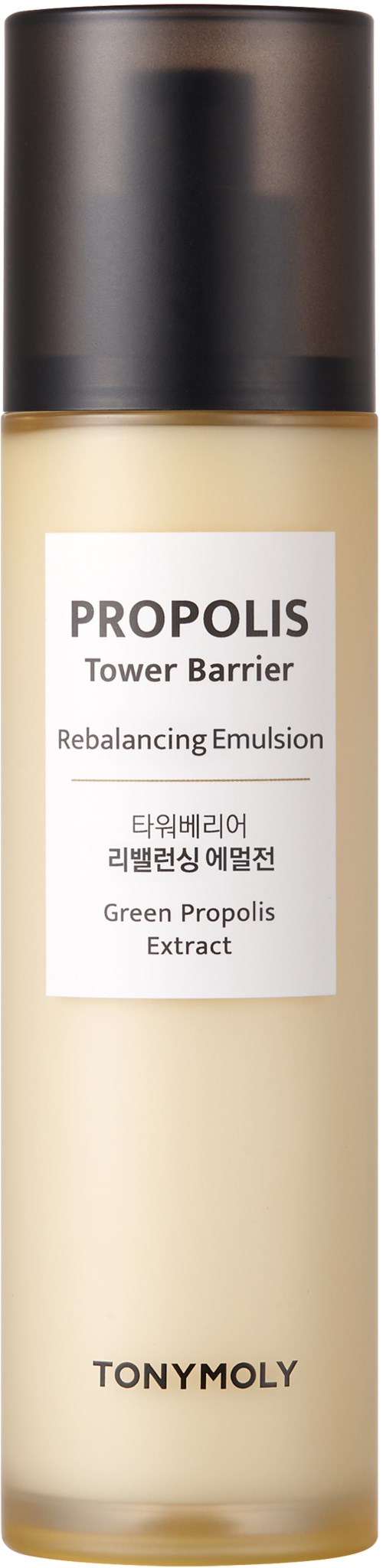 En lang flaske merket 'Propolis' med svart lokk, inneholder en kremete emulsjon, av Tony Moly.