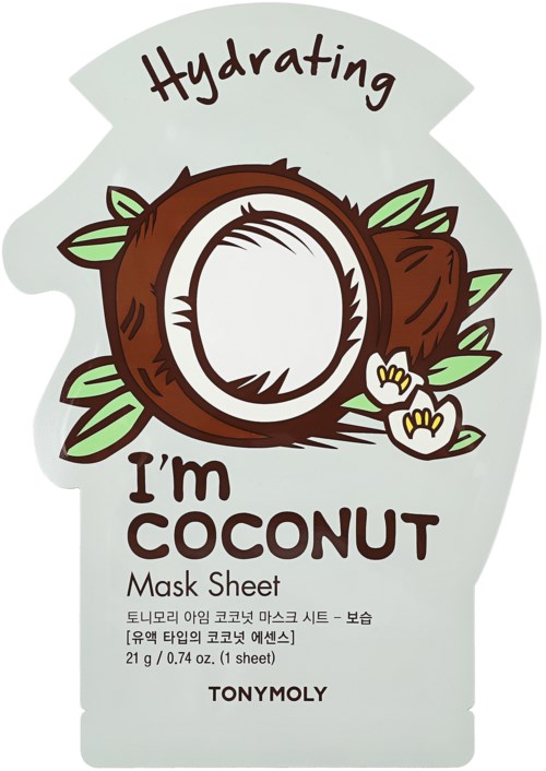 Eine Kokosnusszeichnung mit Blättern und Blumen. Der Text lautet: "Hydrating, I'm COCONUT Mask Sheet."