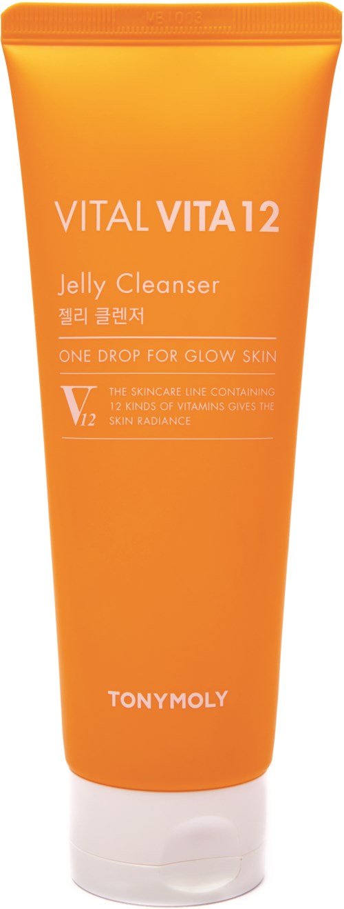 Orange tube mærket 'VITAL VITA12 Jelly Cleanser' af Tony Moly, bruges til hudpleje, lover glødende hud.