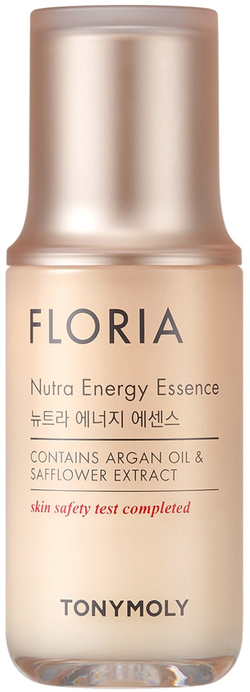 En flaska av Floria Nutra Energy Essence av Tony Moly, innehåller arganolja och saffl orellextrakt, med guldkapsel.