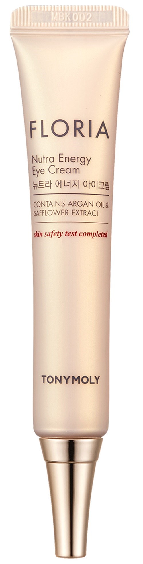 En tub med Tony Moly Floria Nutra Energy Eye Cream med arganolja och blomextrakt för hudvård.
