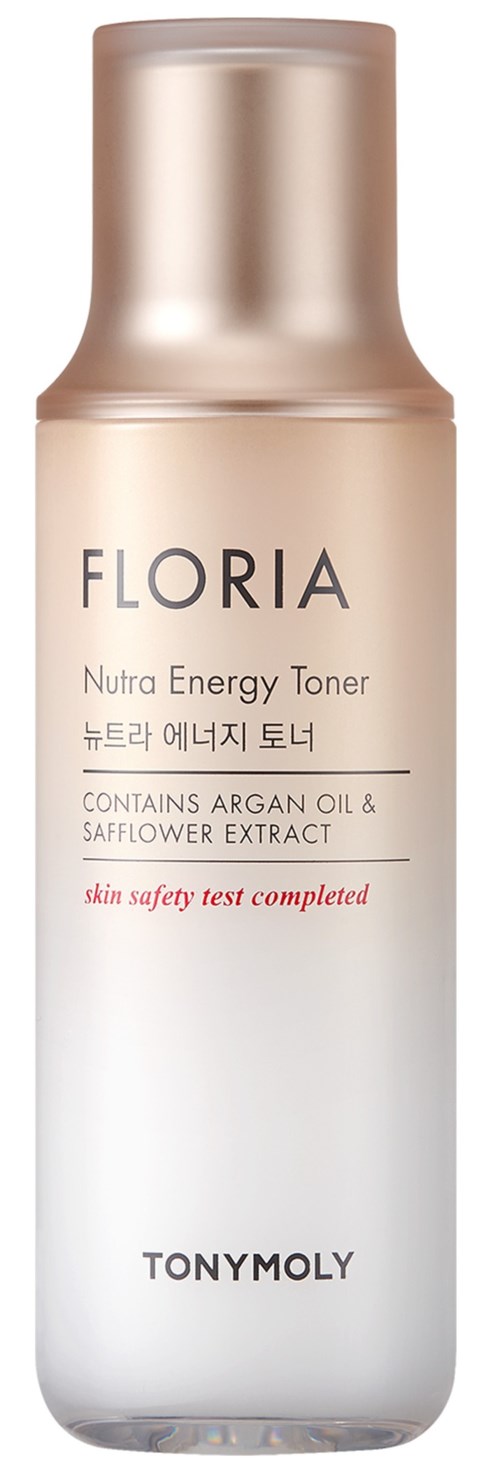 En lang, hvit flaske med gullhette, merket 'FLORIA Nutra Energy Toner' av Tonymoly, med nevnt arganolje.
