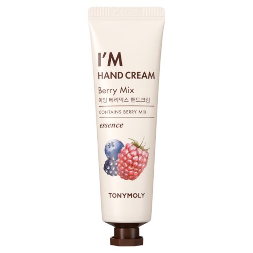 A white tube labeled 'I'm Hand Cream Berry Mix' with images of blueberries and raspberries.