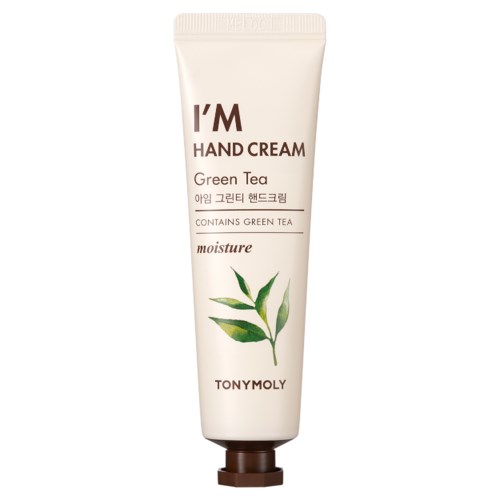 En hvit tube med håndkrem med grønn te-duft, med grønne teblader og tekst om fukt fra Tony Moly.