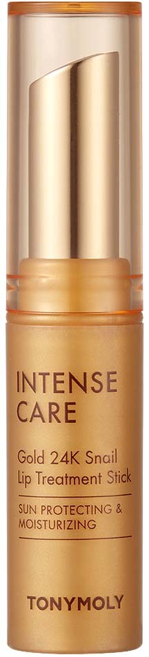 A gold-colored tube of lip treatment with a gold cap, labeled as Tony Moly Intense Care with snail extract.