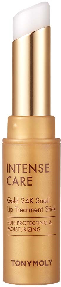 Lip balm stick with gold and white design, labeled as Tony Moly Intense Care, with SPF protection and moisturizing benefits.