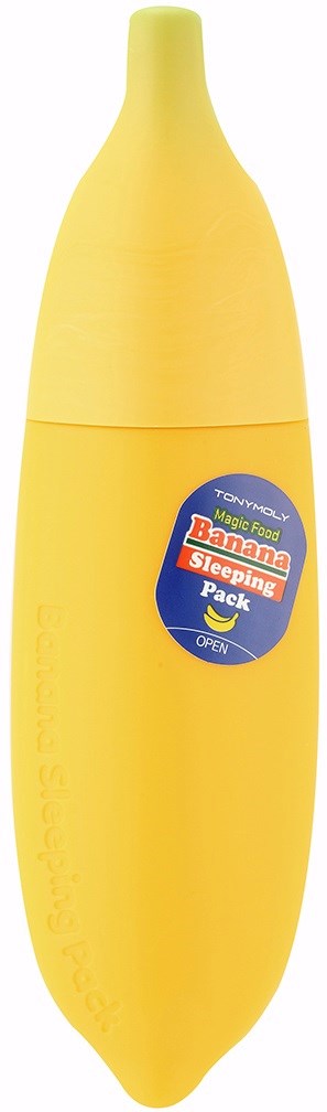 Gul bananformad behållare med en etikett som säger "Banana Sleep Pack" i en blå cirkel.