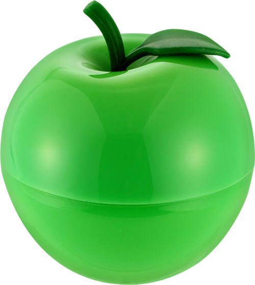 Eine grüne Apfelform aus Kunststoff mit Blatt und Stiel.