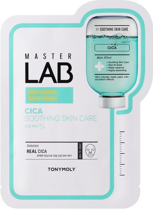 Packaging for a skin care product with words like Master Lab, soothing, and Cica, featuring a tube and face mask illustration.