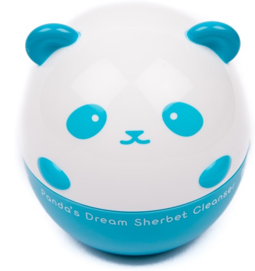 En rund behållare med ett sött pandaansikte, blå öron och blå dekor, märkt "Panda's Dream Sherbet Cleanser."