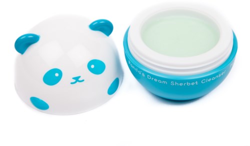 En pandaformad behållare och en öppen burk med kräm eller gel, båda är blå och vita.