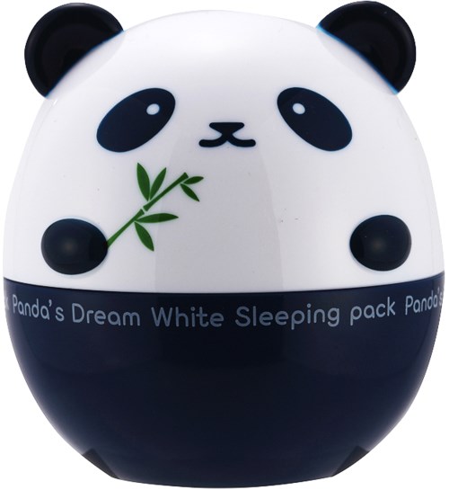 Eine süße panda-förmige Dose mit schwarzen Ohren, Augen und Pfoten, die Bambus hält, mit der Aufschrift 'Panda's Dream White Sleeping pack Panda.'