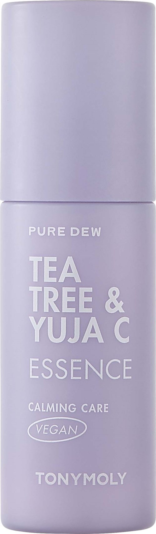 A lavender-colored bottle with white text mentioning tea tree, yuja C essence, calming care, vegan, and Tony Moly.