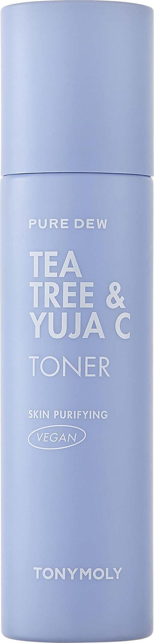 A light blue bottle of toner labeled with tea tree, yuja C, vegan, skin purifying, from TonyMoly.