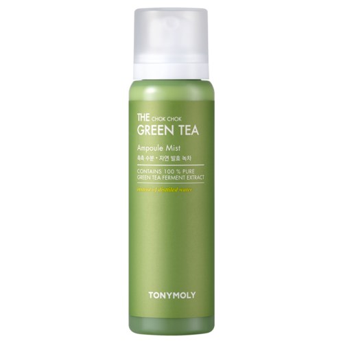 En grønn sprayflaske merket 'Tony Moly Green Tea Ampoule Mist' med en hvit pumpe.