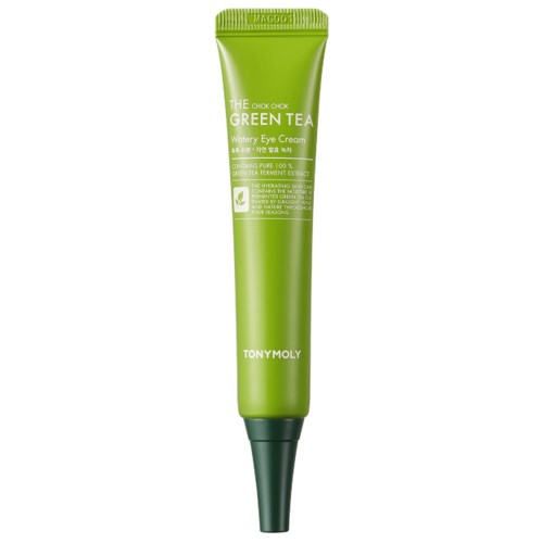 Grønn tube med Tony Moly Green Tea Watery Eye Cream med hvit tekst og svart kork.