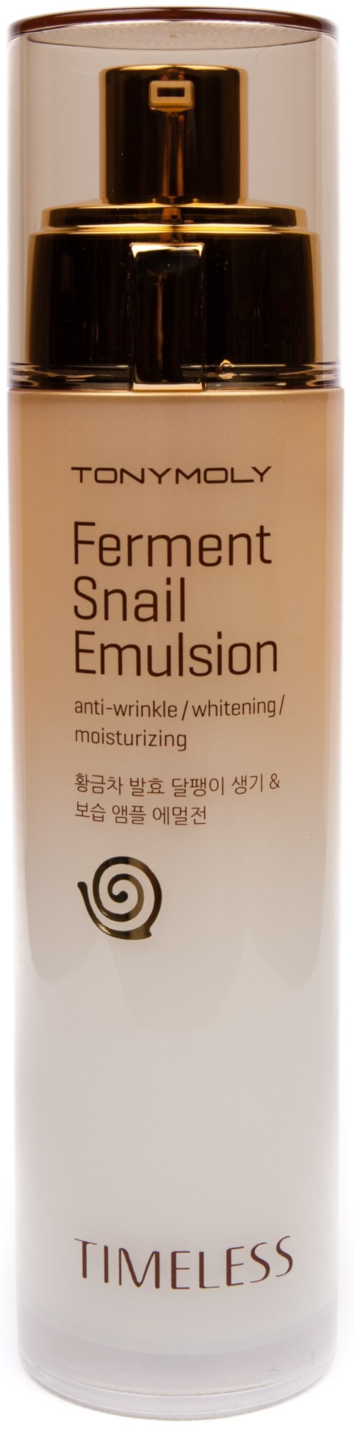 En vit flaska med guldlock, märkt Tonymoly Ferment Snail Emulsion, för hudvård, anti-rynke och återfuktning.