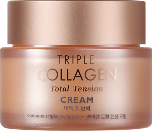 A jar of cream labeled 'Triple Collagen Total Tension,' with soft pink and beige colors, and some text in Korean.