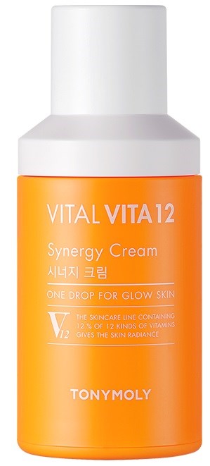 En lille flaske TonyMoly Vital Vita12 Synergy Cream til glødende hud i orange og hvid emballage.