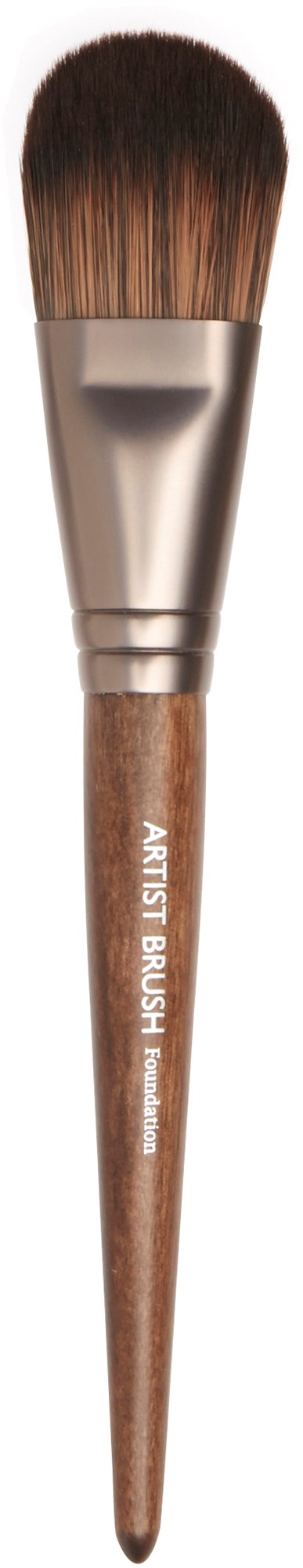 En makeupborste med trähandtag och fluffiga borstar, märkt 'ARTIST BRUSH PROFESSIONAL'.