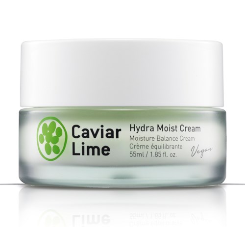 En liten burk Hydra Moist Cream med grönt kaviar lime-logo, märkt som vegansk, 55 ml, och designad för återfuktning.