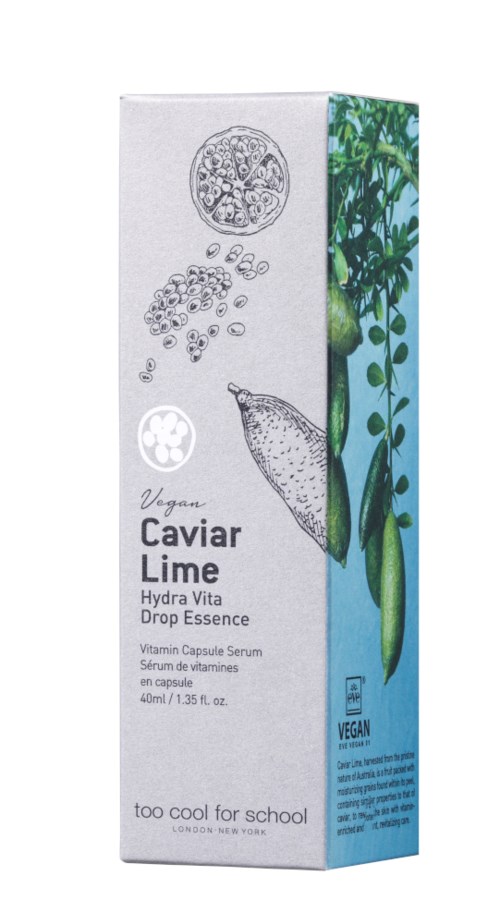 En förpackning med vegansk caviar-lime drop essens med illustrationer av lime, kärnor och blad, samt text om produkten.