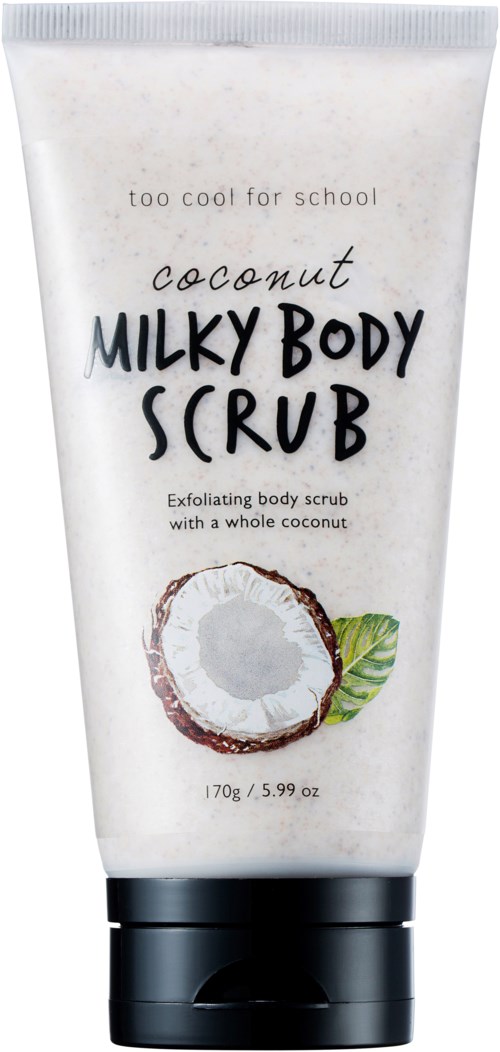 En vit tub märkt 'coconut milky body scrub' med en bild av en kokosnöt och ett grönt blad.