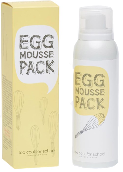 Keltainen laatikko ja valkoinen vaahdottava pullo, jossa lukee 'Egg Mousse Pack' ja on vispiläkuvia, hiusten tai ihonhoitoon.
