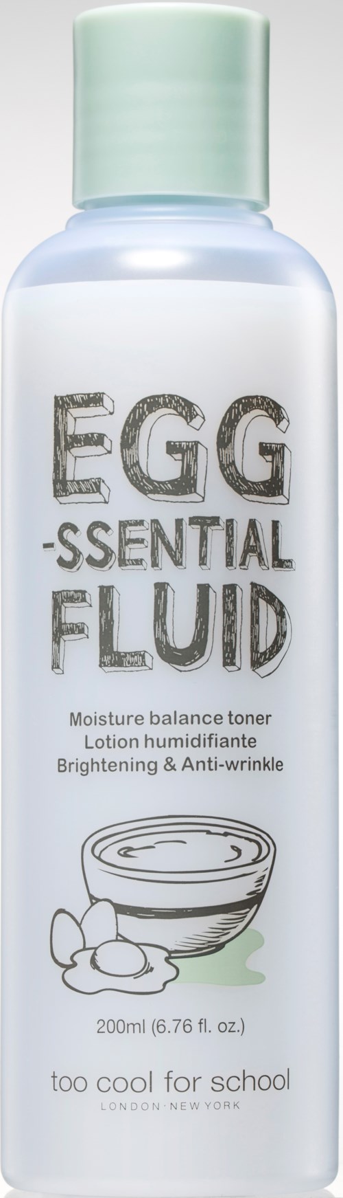 En vit flaska med grönt lock som heter 'Egg Essential Fluid' för hudlyft och ljusning.