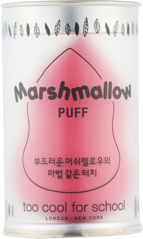 En dåse med lyserød og hvid farve, mærket 'Marshmallow Puff' og 'too cool for school.'