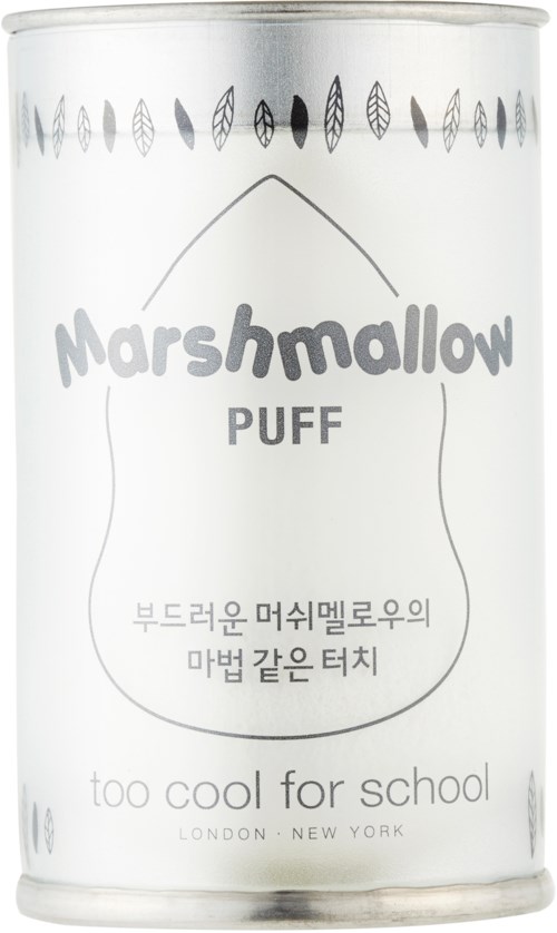 Ein zylindrischer Behälter mit weißem und grauem Design, mit "Marshmallow PUFF" beschriftet, Text in Koreanisch und Englisch.