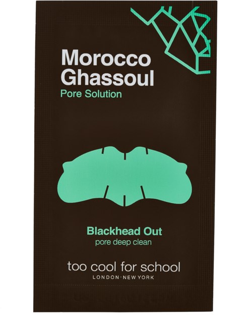 Pakkaus, jossa musta ja turquoise-Design, merkitty 'Morocco Ghassoul Pore Solution' ja 'Blackhead Out.'
