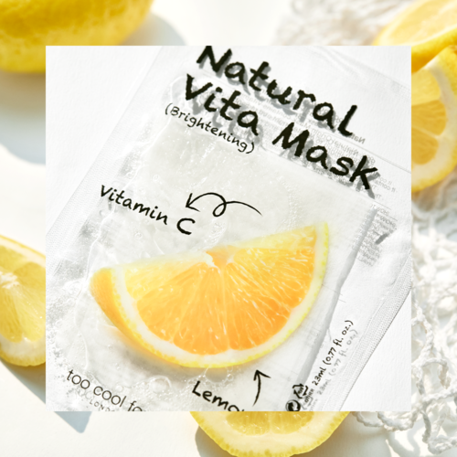 En ansiktsmaske med sitrusillustrasjon og tekst som fremhever naturlige ingredienser og vitamin C.