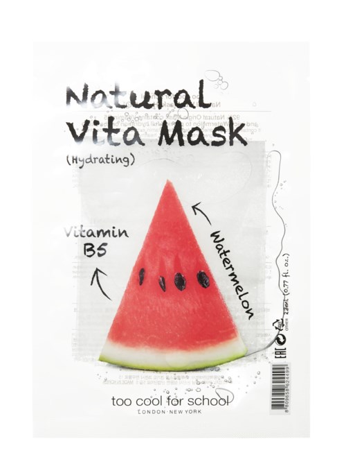  Kasvomaskipakkaus, jossa vesimelonikuva, korostaen B5-vitamiinia ja kosteutusta.