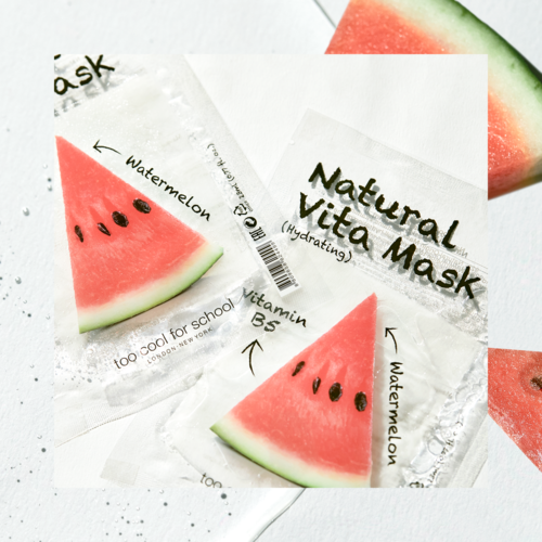 Kasvonaamio pussi, jossa lukee 'Natural Vita Mask' ja kuvia vesimelonista, tekstiä kosteutuksesta ja B5-vitamiinista.