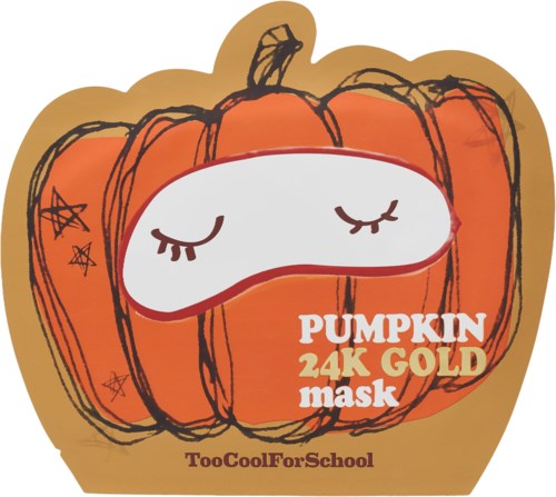 Kurpitsa-aiheinen maski, jossa on uninen ilme, nimeltä 'PUMPKIN 24K GOLD mask,' TooCoolForSchoolilta.