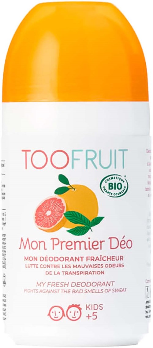 Een wit en oranje deodorantfles met label "TooFruit" en een afbeelding van een citroen, grapefruit en bladeren.