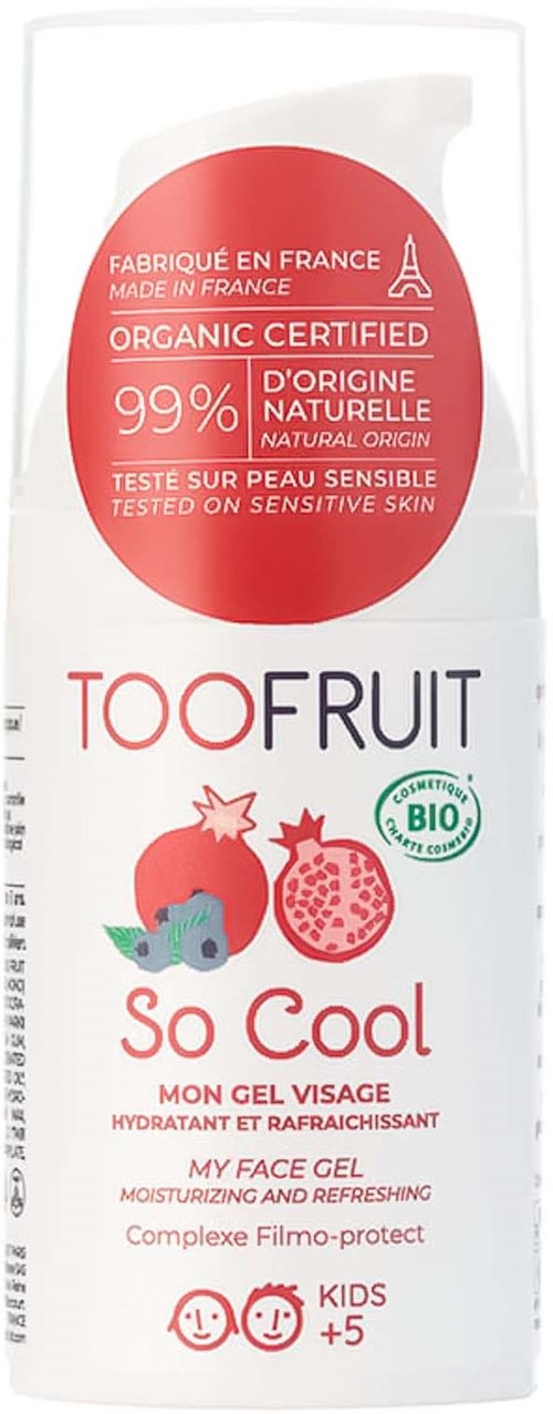 En vit tub med fruktillustrationer, märkt för ansiktsgel, ekologisk och lämpad för barn, med fransk och engelsk text.