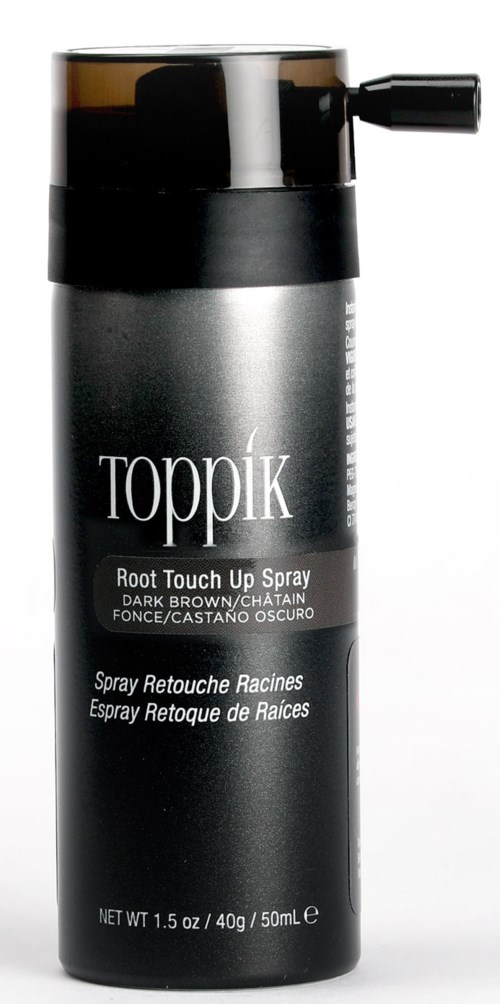 En sprayflaske mærket "Toppik" til hårrødder, i sort og sølv, med en sprøjteenhed på toppen.