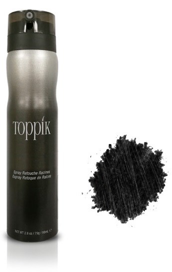 En sort sprayflaske med mærket 'Toppik' ved siden af en bunke sort hårpudder.