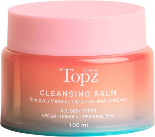 Det är en rosa och orange burk med Topz Rensande balm för att ta bort smink och lugna huden.