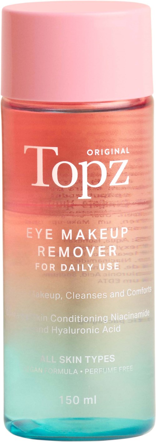 En rosa och blå flaska Topz Eye Makeup Remover för dagligt bruk, med vårdande ingredienser. Innehåller 150 ml.