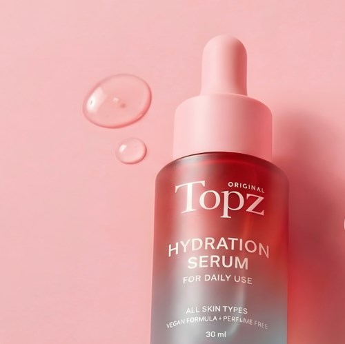 Pink flaske med Topz Hydration Serum med dråber på pink baggrund. Passer til alle hudtyper, vegansk, parfume-fri og dyrevenlig.
