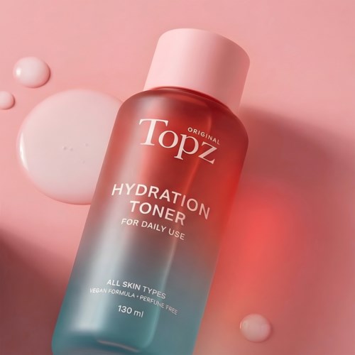 Pink og blå flaske med fugtigheds toner, vanddråber og cremepletter på lyserødt baggrund.