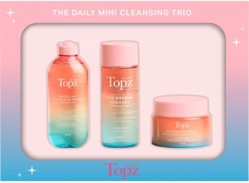 Tre hudvårdsprodukter i rosa och gradientbehållare, märkta för rengöring och makeupborttagning, från Topz-märket.