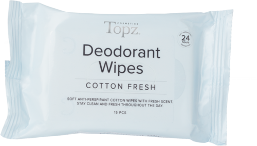 Et hvitt pakke med Topz deodorantservietter merket 'Cotton Fresh' med 15 stykk og 24-timers beskyttelse.
