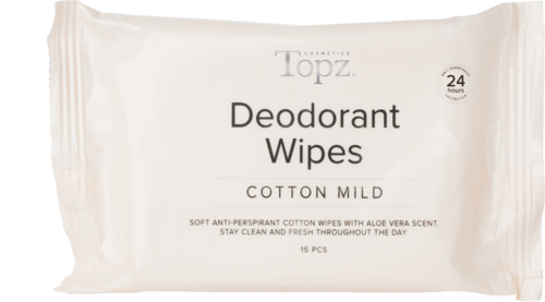 Vit förpackning med deodorantdukar märkta 'Cotton Mild' med 15 stycken inuti.