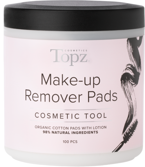 En rund behållare med svart lock, etiketten säger Topz Make-up Remover Pads, 100 ekologiska bomullspads med lotion.